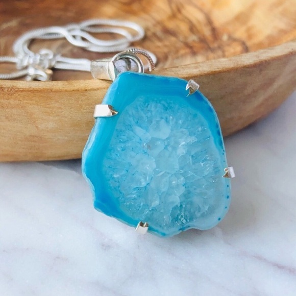 Silver Plated Blue Agate Slice Statement Boho Necklace - Picture 10 of 10